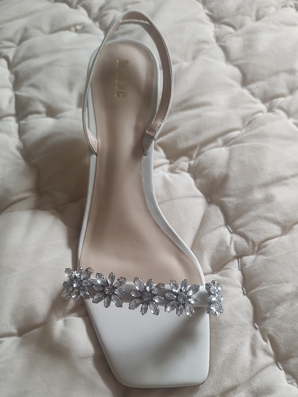 Maeve White Slingback Sandal with Crystal Flower Strap